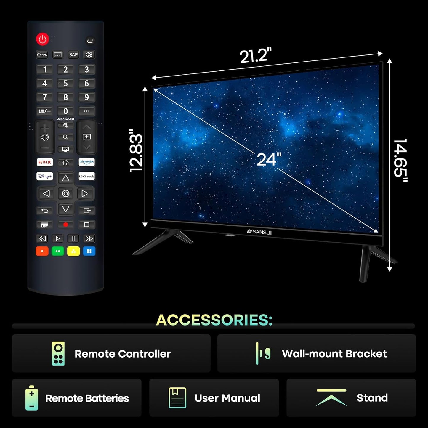 SANSUI 24" Smart WebOS TV — Chromecast, AirPlay, HomeKit, Dolby Atmos, Bluetooth 5.2