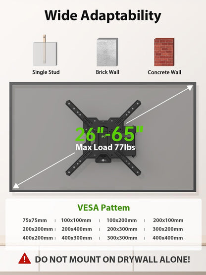 USX MOUNT UL Listed Full Motion TV Mount, Swivel Articulating Tilt TV Wall Mount for 26-65 Inch LED, 4K, Wall Mount Bracket with VESA 400x400mm Up to 77lbs, Perfect Center Design -XMM006-1