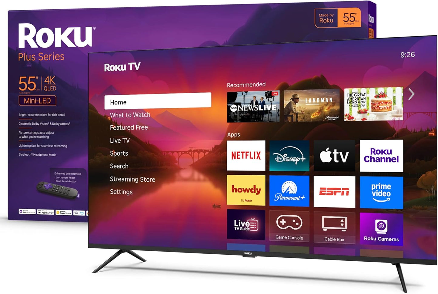 Roku Plus Series 55" 4K QLED Mini-LED Smart TV — Dolby Vision, AirPlay, Alexa, Voice Remote