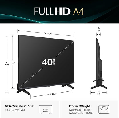 Hisense 40-Inch Class A4 Series FHD 1080p Smart Fire TV (40A4NF, 2025 Model) - DTS Virtual: X, Slim Bezel Design, Alexa Built in, Streaming TV, Black