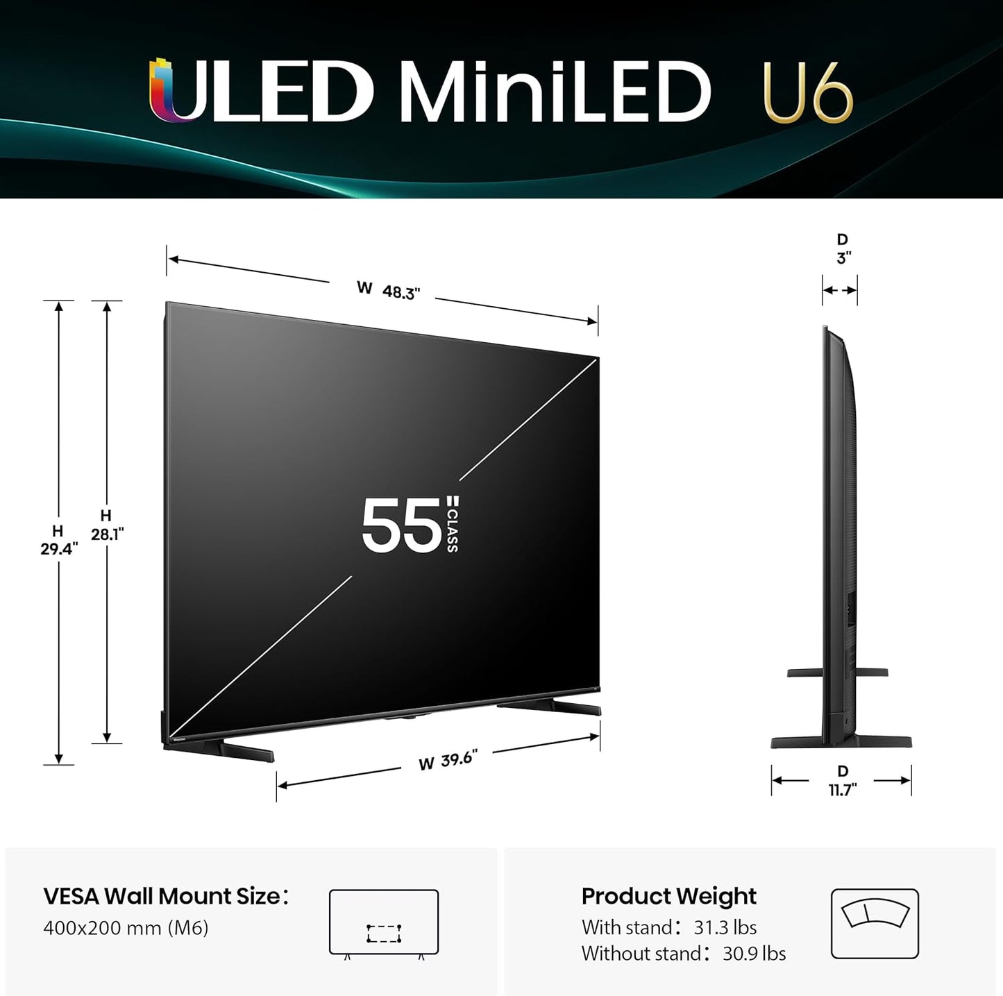 Hisense U6 55" Mini-LED 4K Smart Fire TV 2025 — QLED, 144Hz, Dolby Vision IQ, Alexa