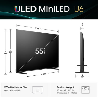 Hisense U6 55" Mini-LED 4K Smart Fire TV 2025 — QLED, 144Hz, Dolby Vision IQ, Alexa
