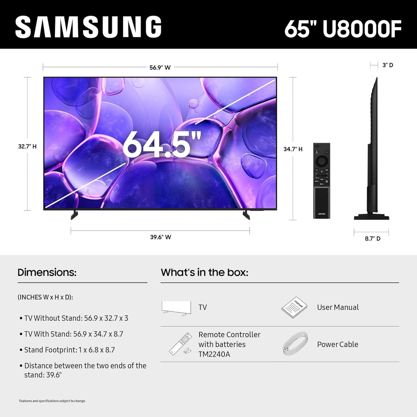 Samsung 65" Crystal UHD U8000F 4K Smart TV 2025 — Crystal 4K Processor, Knox Security, Alexa