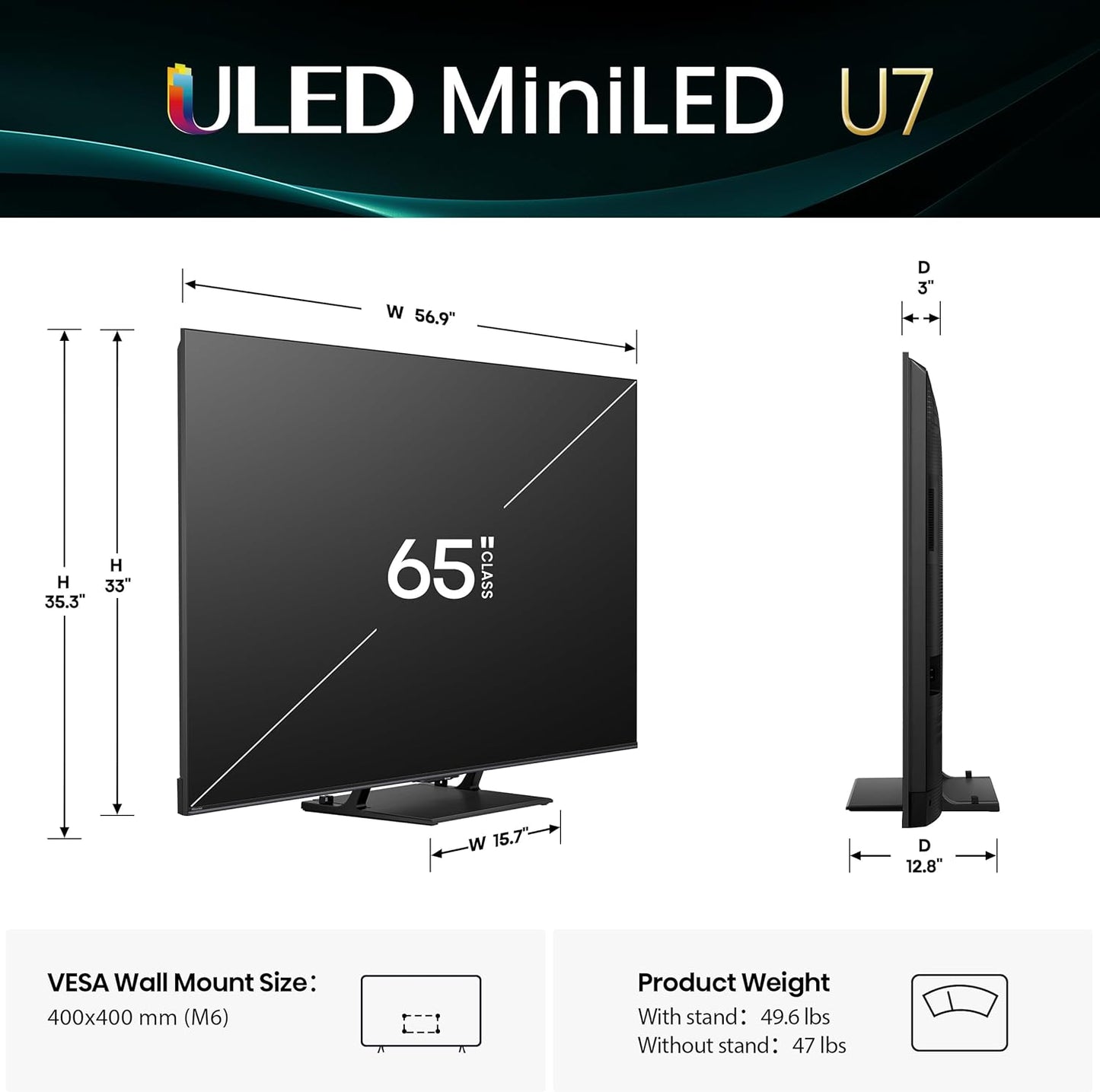 Hisense U7 65" Mini-LED ULED 4K Google Smart TV 2025 — 3000 Nits, 165Hz, QLED, Dolby Atmos