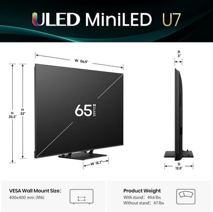 Hisense U7 65" Mini-LED ULED 4K Google Smart TV 2025 — 3000 Nits, 165Hz, QLED, Dolby Atmos