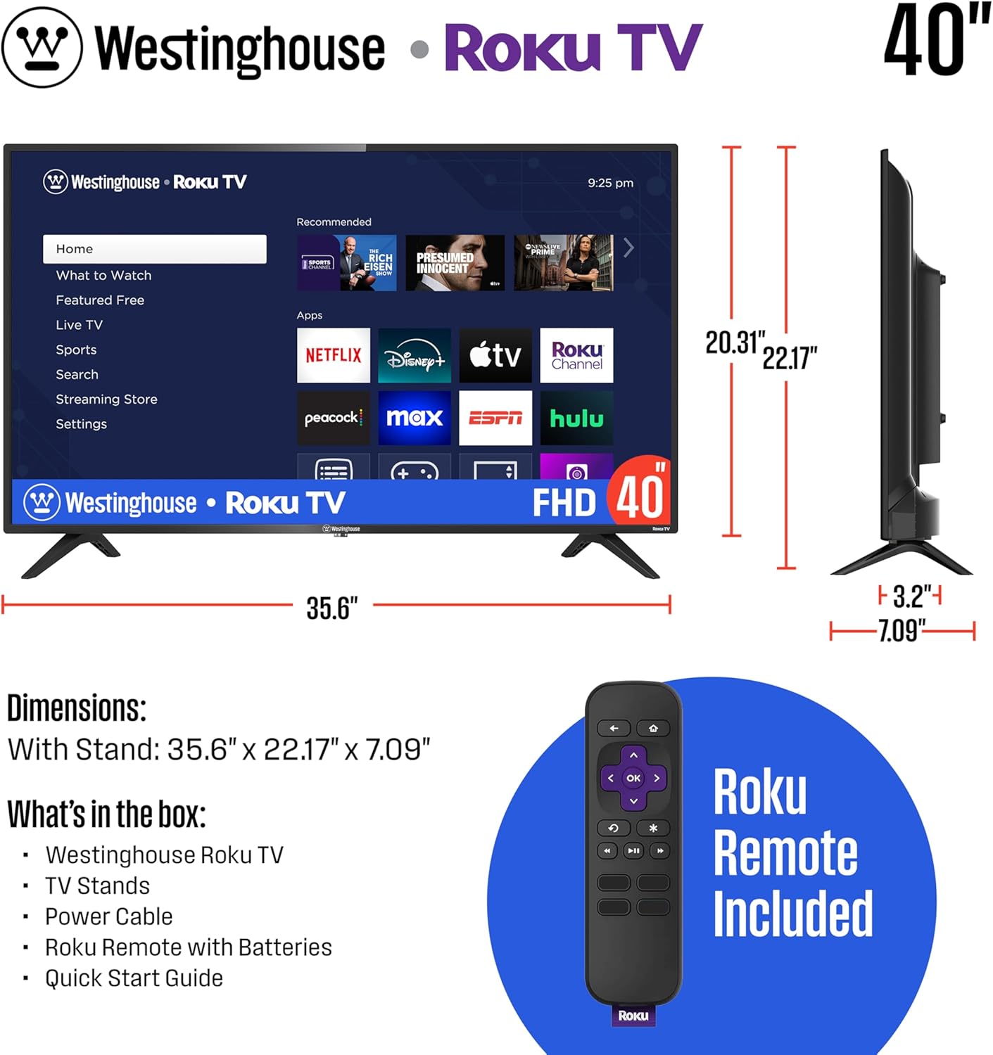 Westinghouse 40" Roku TV 1080p FHD Smart TV — Wi-Fi, Bluetooth, AirPlay, Alexa, Google Assistant