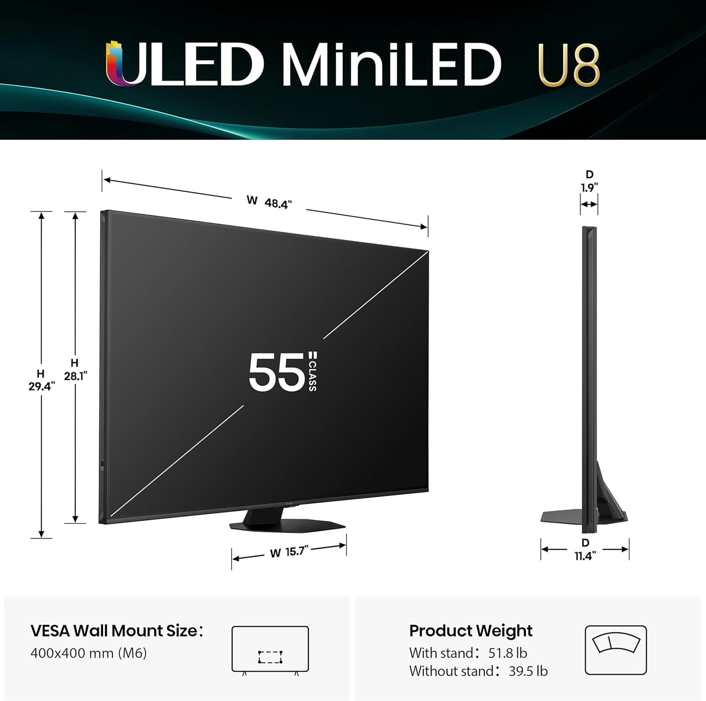 Hisense U8 55" Mini-LED ULED 4K Google Smart TV 2025 — 5000 Nits, 165Hz, Dolby Atmos