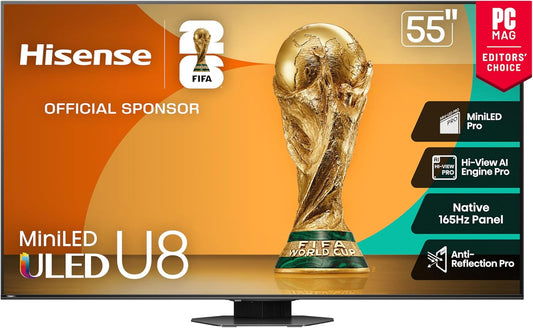 Hisense U8 55" Mini-LED ULED 4K Google Smart TV 2025 — 5000 Nits, 165Hz, Dolby Atmos