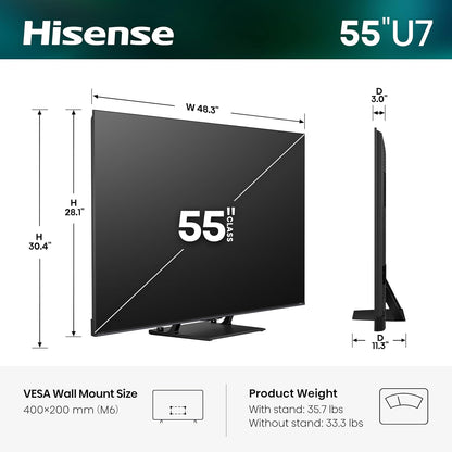 Hisense 55" U7 Mini-LED ULED 4K UHD Best Premium Gaming HDR Smart Fire TV (55U7SF, 2026 New) - Hi-QLED, Native 165Hz, VRR 330, Dolby Vision IQ · Atmos, IMAX Enhanced, Anti-Reflection, 2.1.2 Ch, Alexa+
