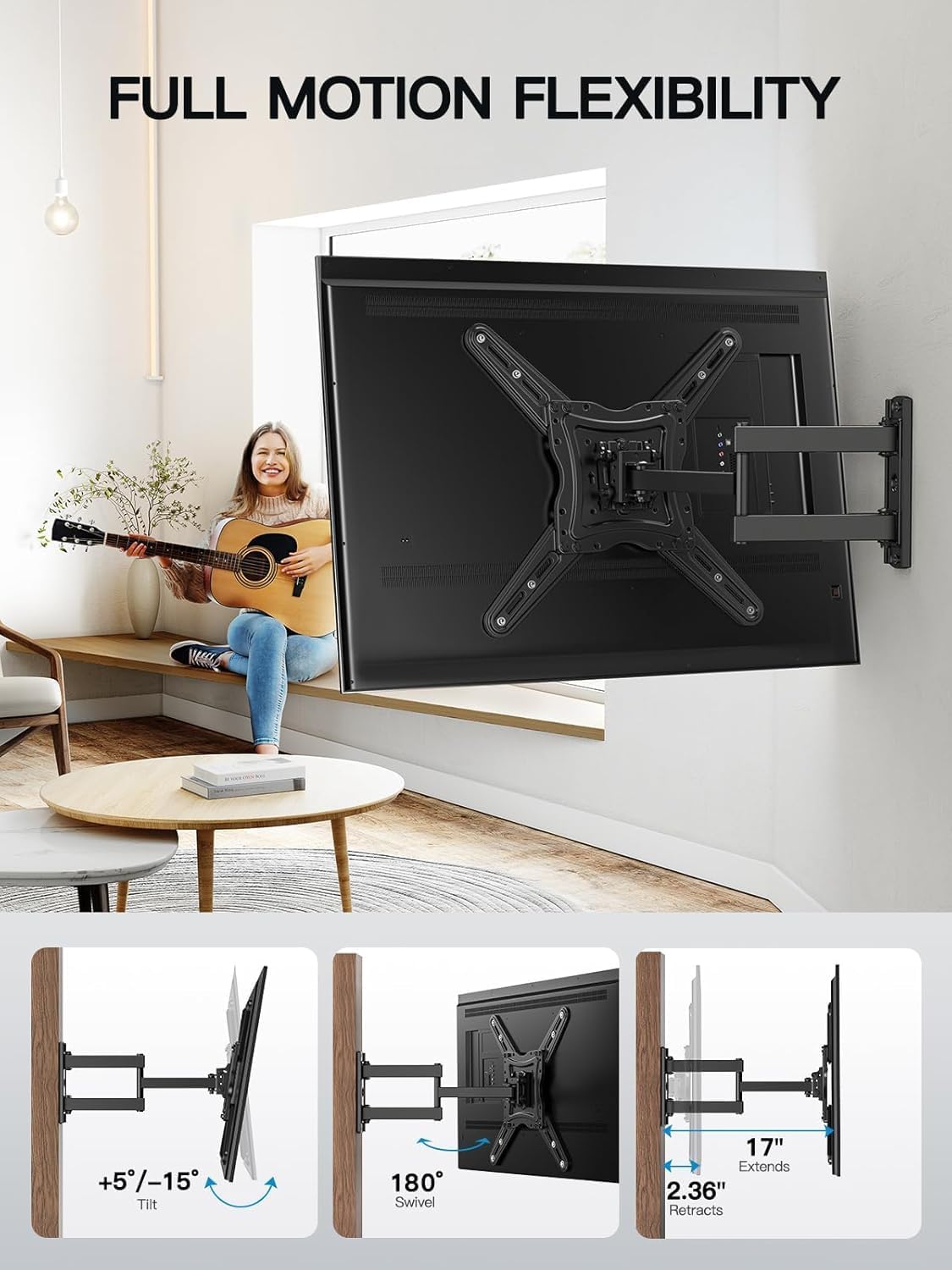Pipishell Full Motion TV Wall Mount for 26-65 inch Flat or Curved TVs up to 77 lbs, TV Bracket Wall Mount with Articulating Arms, Extension, Tilt, Swivel, Leveling, Max VESA 400x400mm, PIMF7