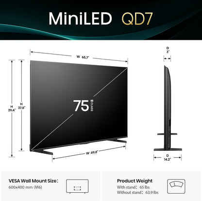 Hisense 75" QD7 Mini-LED QLED 4K Smart Fire TV — 144Hz, Dolby Vision, Game Mode Pro, Alexa