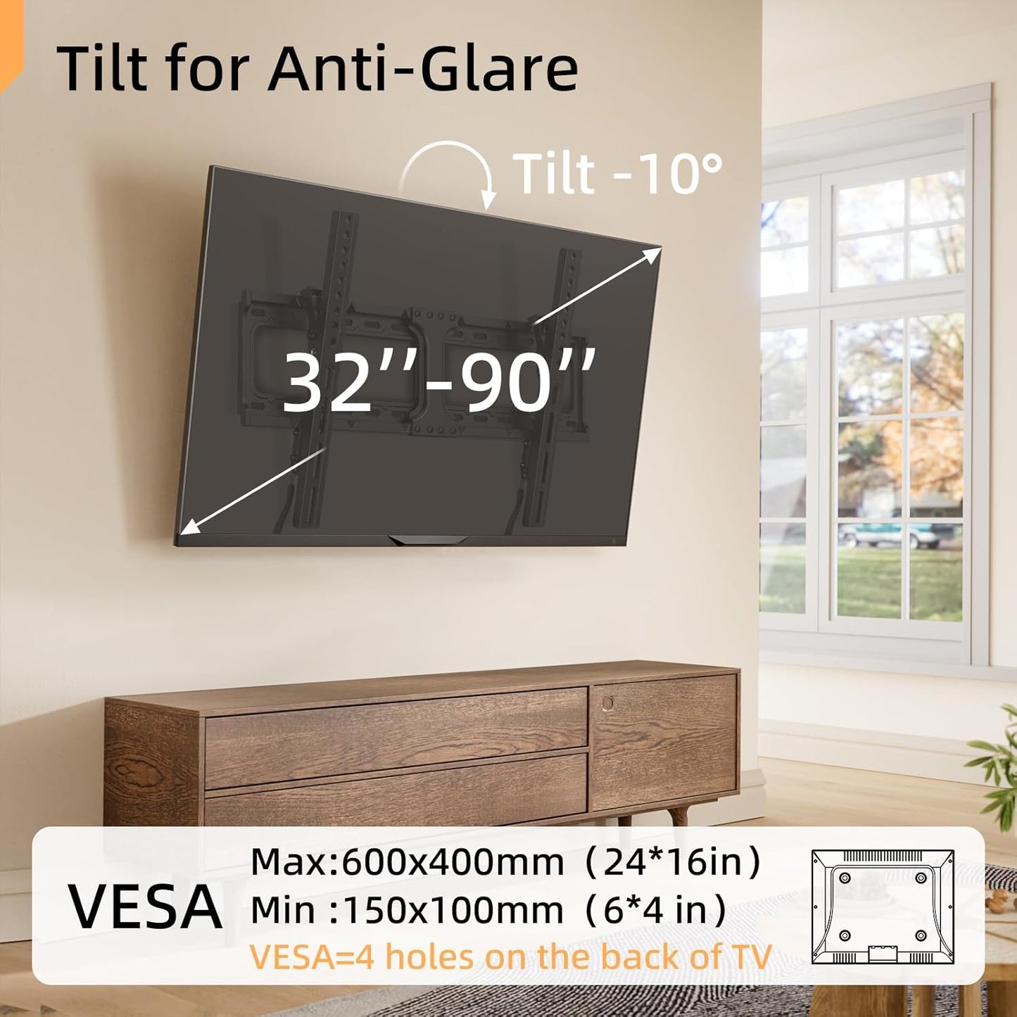 IWORKBOARD 55 65 75 85 inch Tilting TV Wall Mount for 32-90 '' TVs, Low Profile TV Mount Bracket, Safe Lock & Quick Release, Max VESA 600x400mm, 24 inch Studs,132 lbs, Fit Most 55+ 75+ 85+ 86 TVs