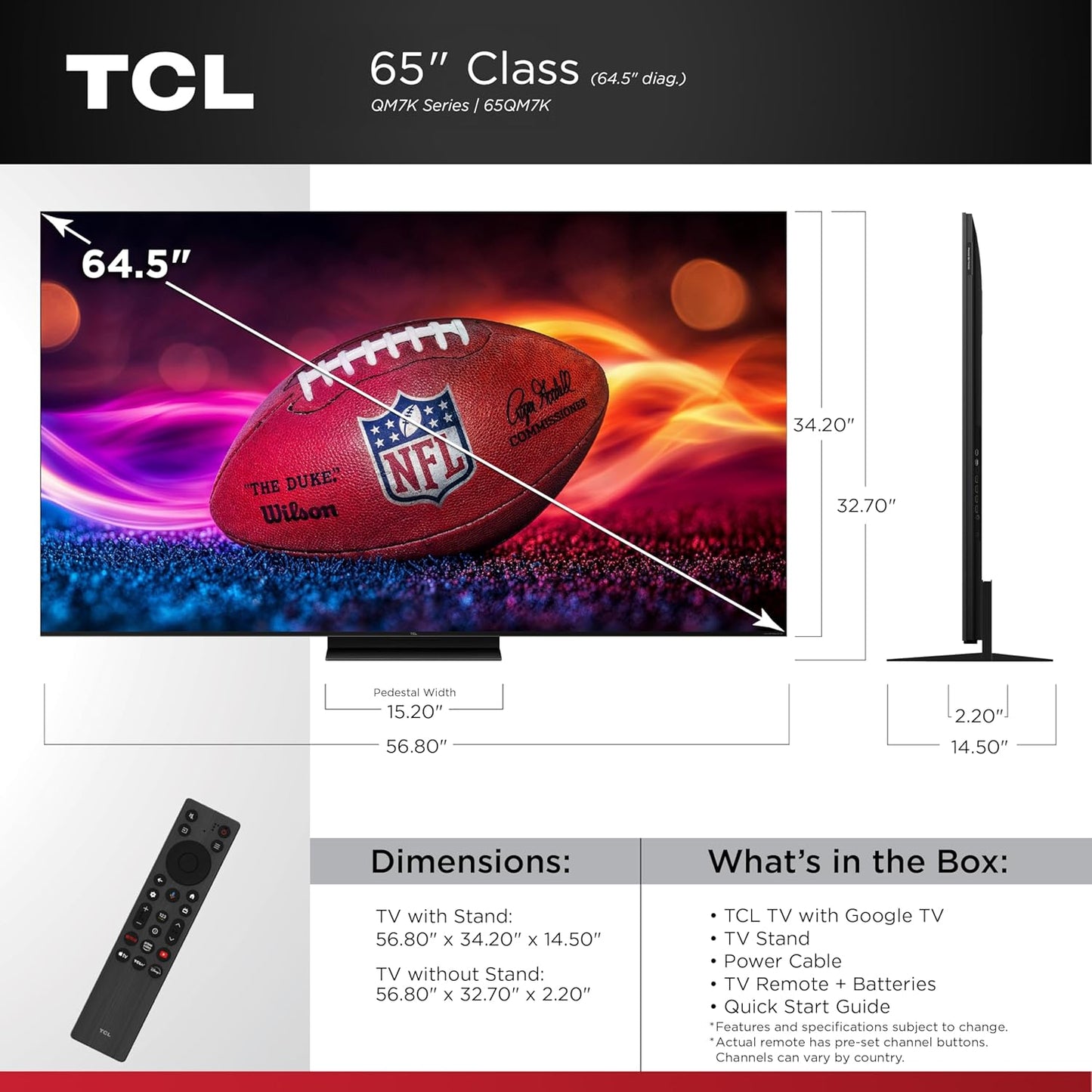 TCL QM7K 65" Mini LED QLED 4K Google TV 2025 — Halo Control, 144Hz, Game Accelerator 288, Alexa