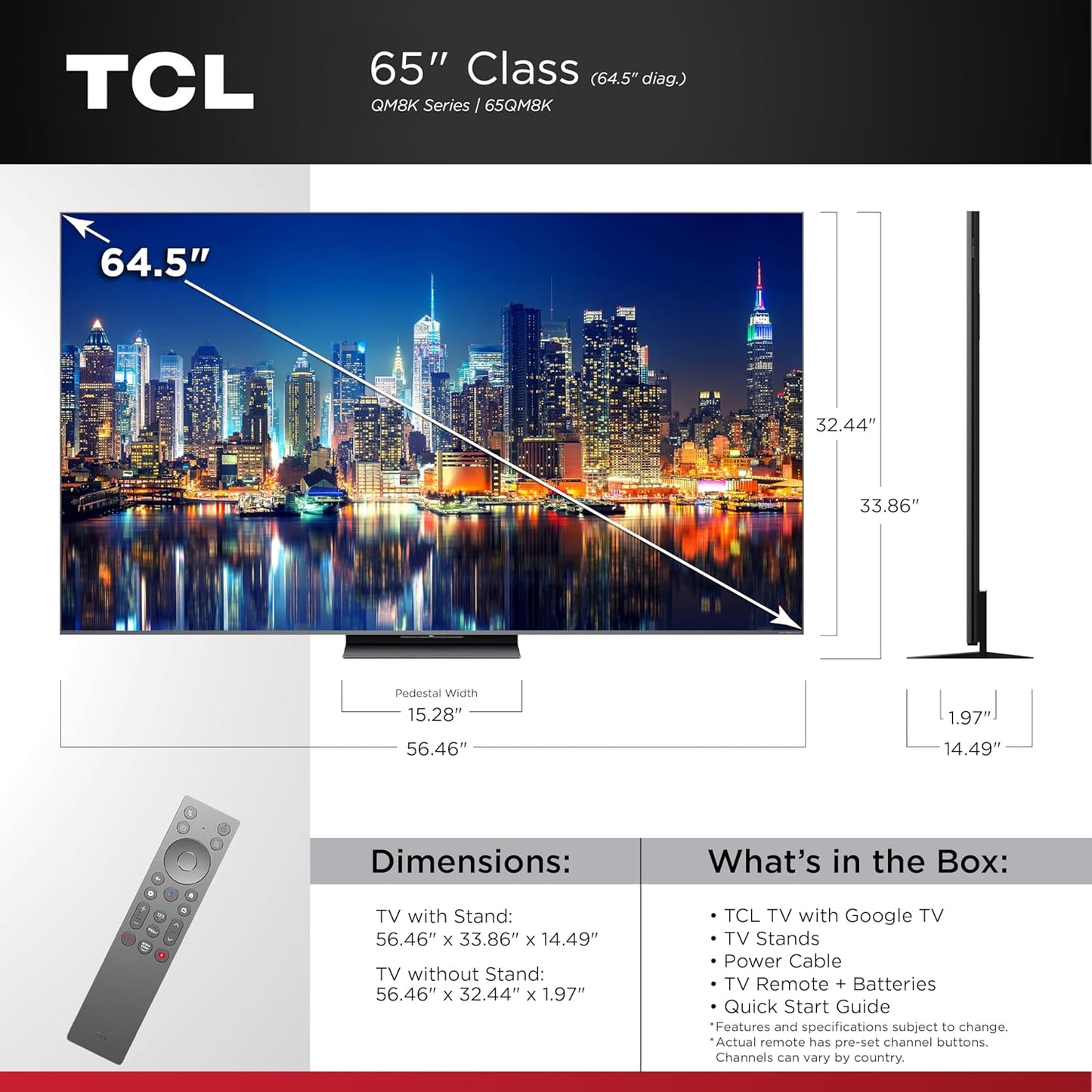 TCL QM8K 65" Mini LED QLED 4K Google TV 2025 — Halo Control, 288 VRR, Dolby Atmos, Alexa