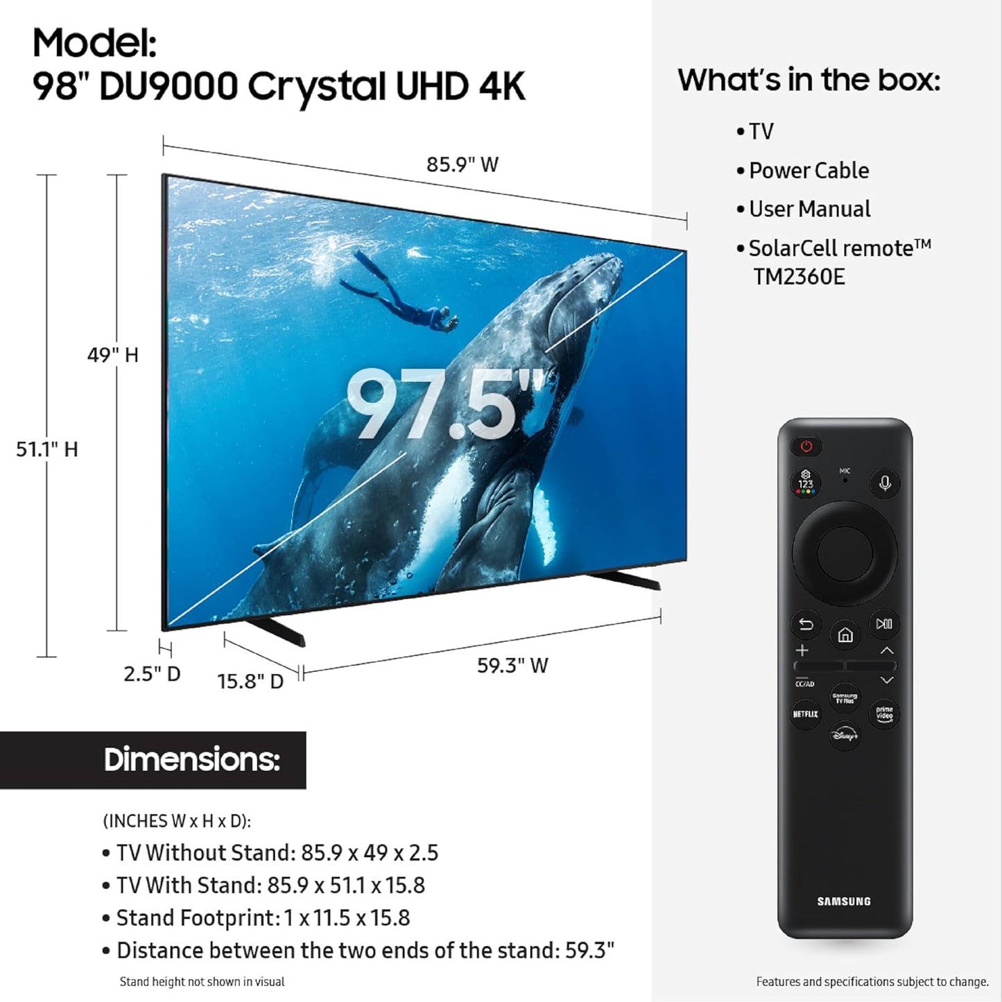 Samsung 98" 4K Crystal UHD DU9000 Smart TV 2024 — 120Hz, Supersize Enhancer, Alexa