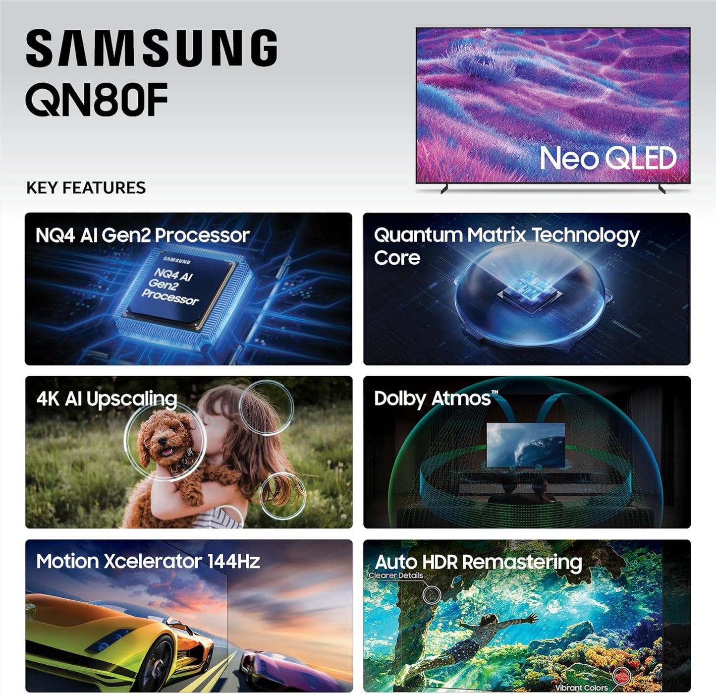 Samsung Neo QLED QN80F 65" 4K Smart TV 2025 — Mini LED, Vision AI, Dolby Atmos, 144Hz