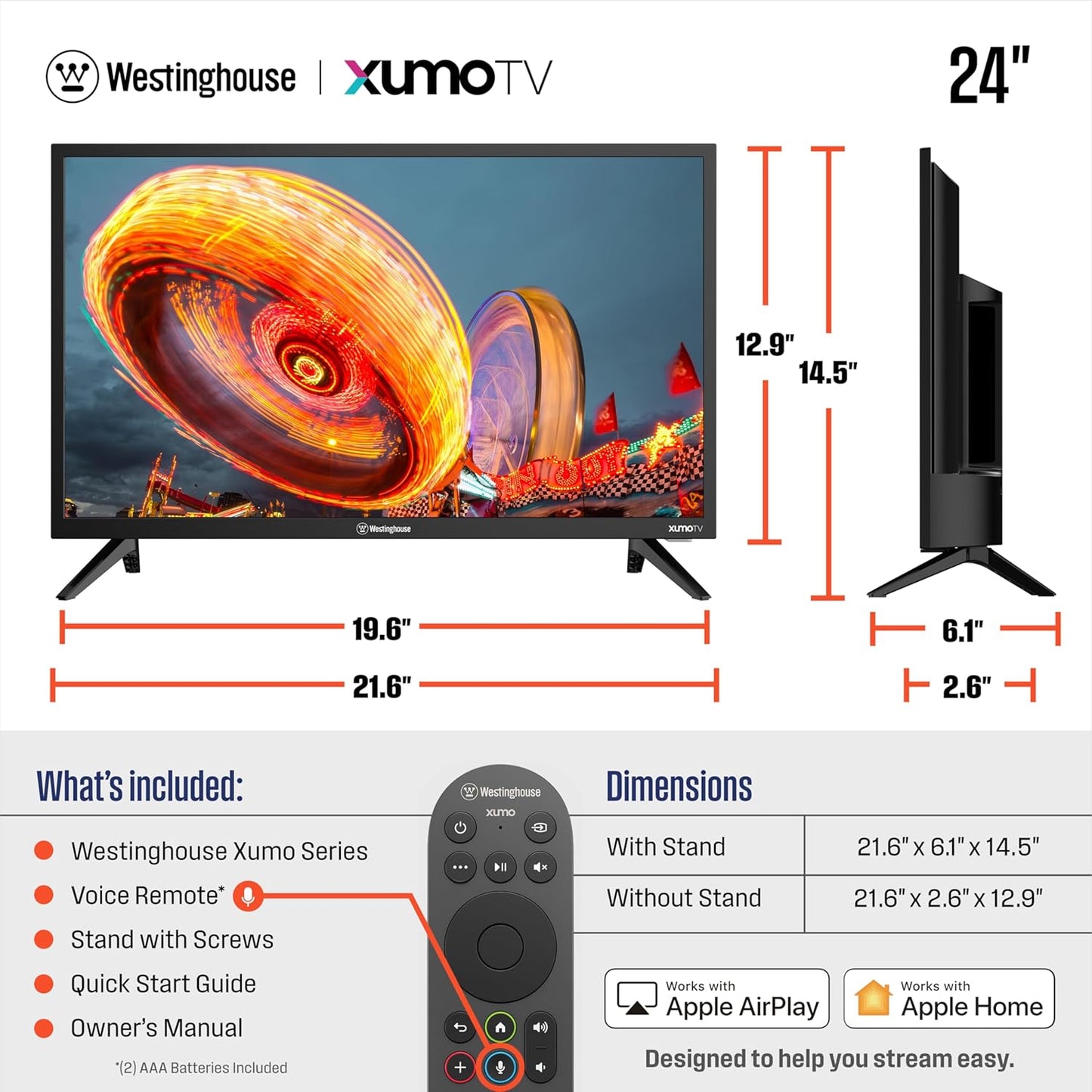 Westinghouse 24" Xumo Smart TV HD — Voice Remote, Dolby Atmos, AirPlay 2, Bluetooth
