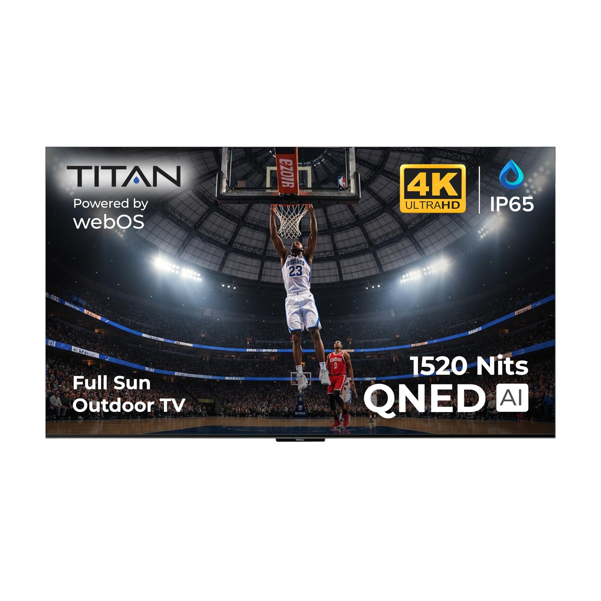 Titan L300 Mini- LED QNED 98 Inch Full Sun Smart Outdoor TV, IP65 Weatherproof, 4K 4K HDR, 120 Hz, Web AI OS, 1520 Nits, Wi-Fi 6E, Dolby Vision, Outdoor TV Cover, Slim Bezel, 2 Yr Wty