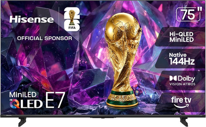 Hisense 75" E7 Cinema Series Hi-QLED Mini-LED 4K UHD Smart Fire TV (75E7SF, 2026 NEW) - Native 144Hz, AI Picture, Dolby Vision IQ · Atmos, FALD, HDR10+ Adaptive, MEMC, Alexa+
