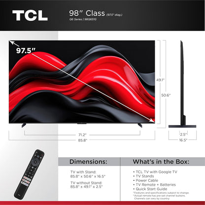 TCL Q65 98" QLED 4K Smart Google TV 2024 — Dolby Vision, 144Hz VRR, AIPQ PRO, Dolby Atmos