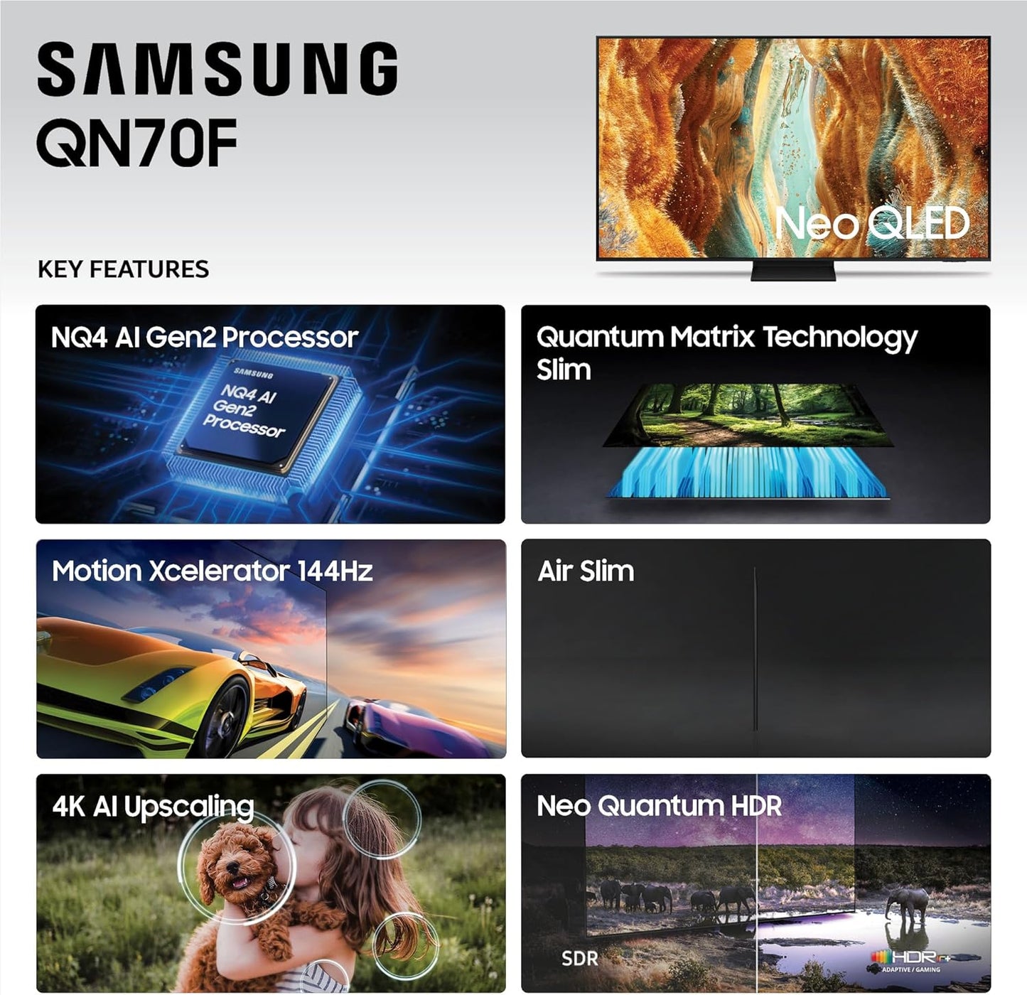Samsung Neo QLED QN70F 55" 4K Smart TV 2025 — NQ4 AI Gen2, Pantone Color, 144Hz, Alexa