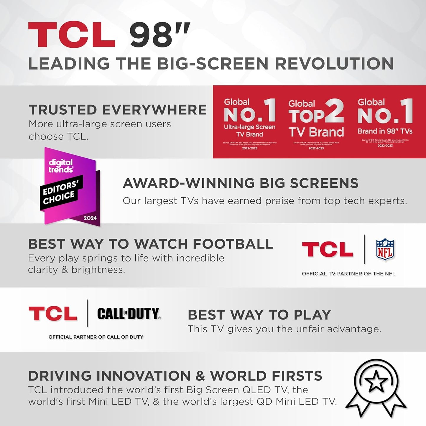 TCL Q65 98" QLED 4K Smart Google TV 2024 — Dolby Vision, 144Hz VRR, AIPQ PRO, Dolby Atmos