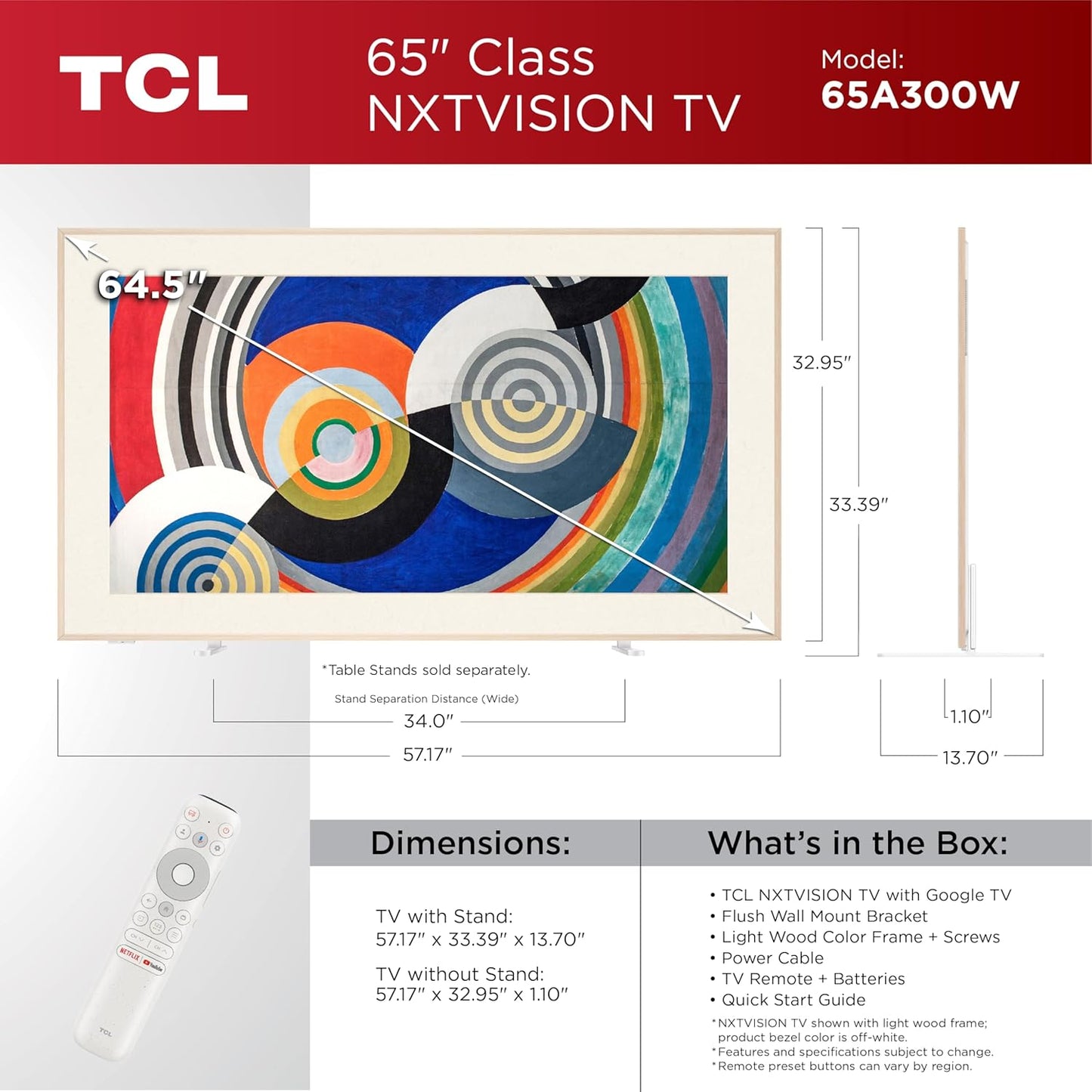 TCL NXTVISION 65" QLED 4K Smart Google TV 2024 — Art Frame, Dolby Vision IQ, 120Hz, Alexa