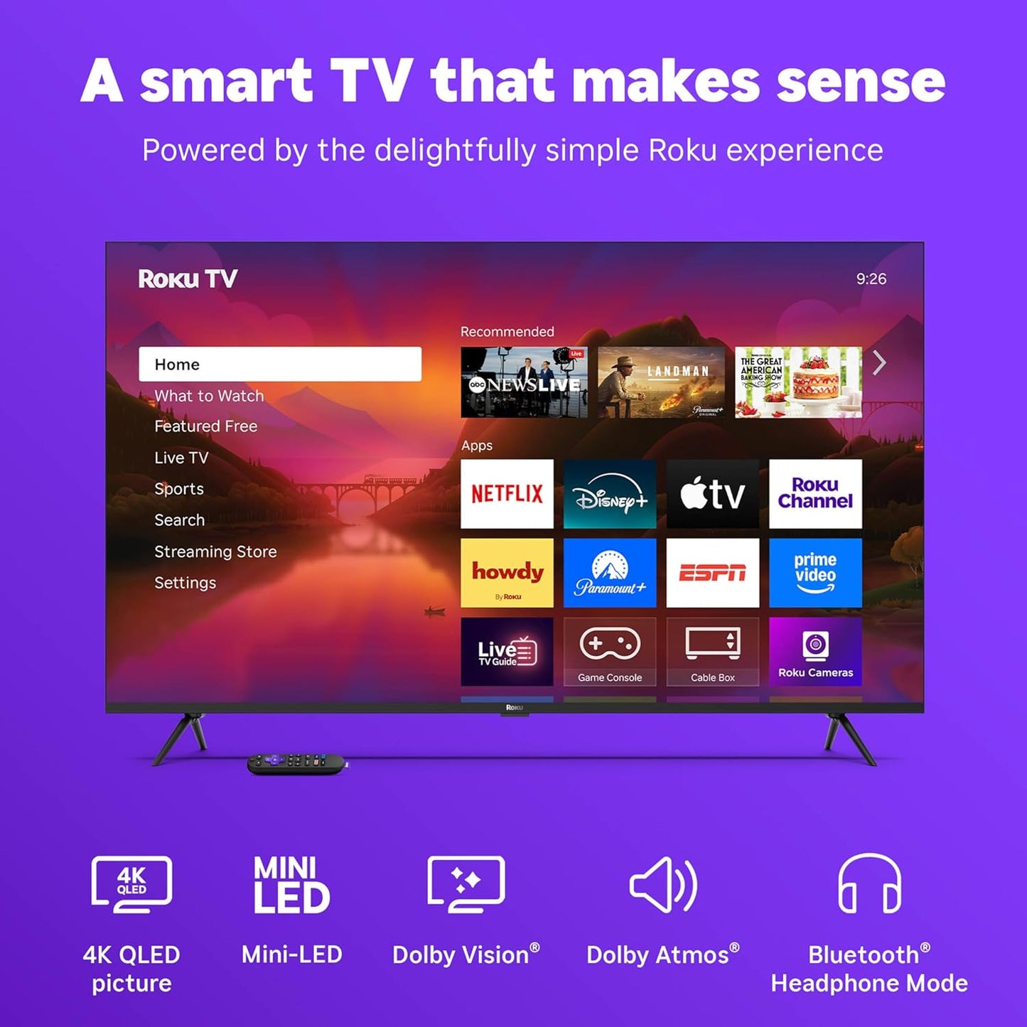 Roku Plus Series 55" 4K QLED Mini-LED Smart TV — Dolby Vision, AirPlay, Alexa, Voice Remote