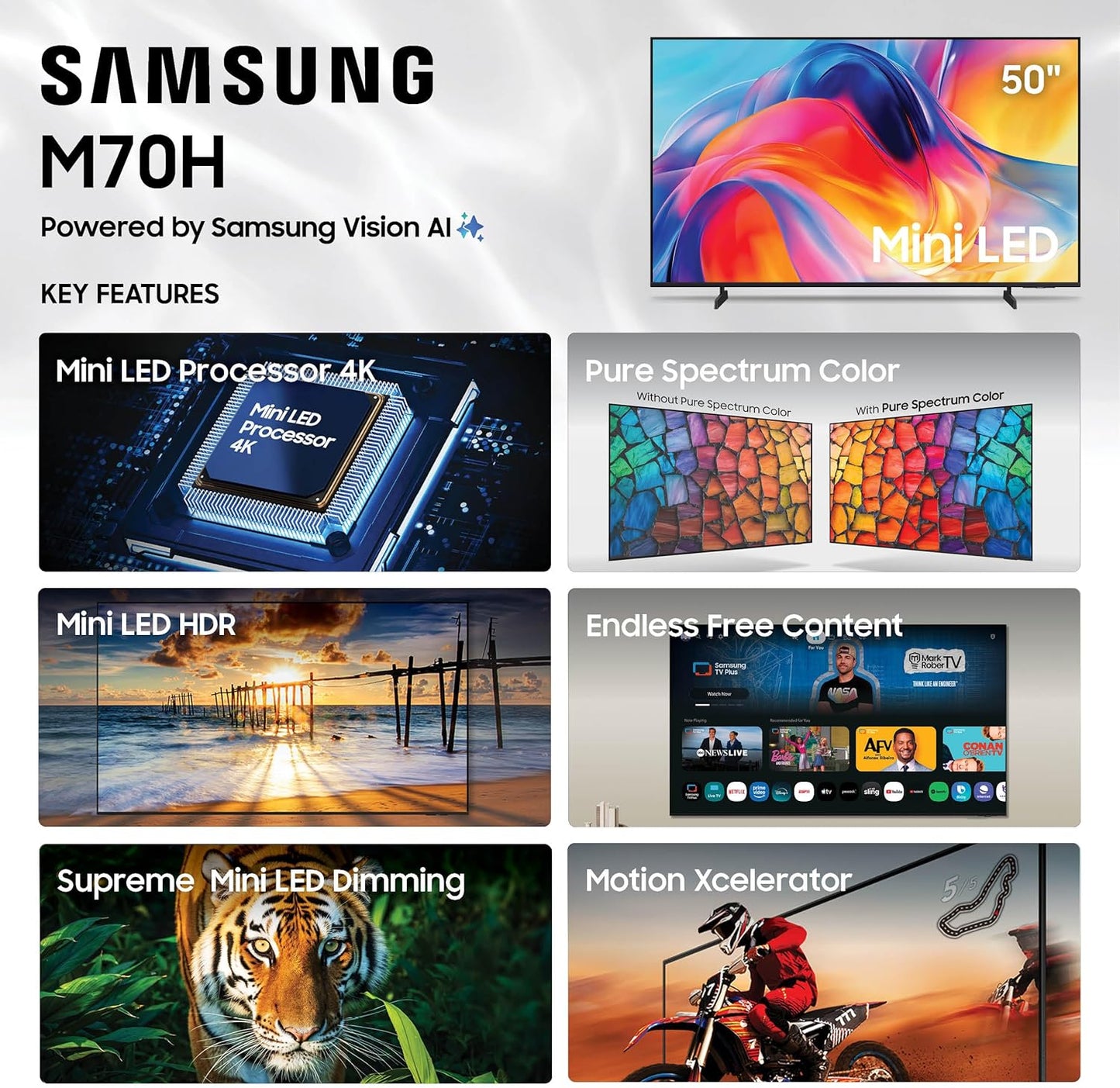 Samsung Mini LED M70H 50" 4K Smart TV 2026 — Vision AI, Pure Spectrum Color, 120Hz
