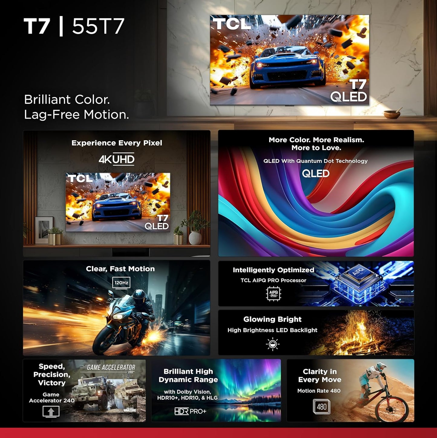 TCL T7 55" 4K QLED Google Smart TV 2025 — 144Hz, AIPQ Pro, Dolby Vision, Game Accelerator 240