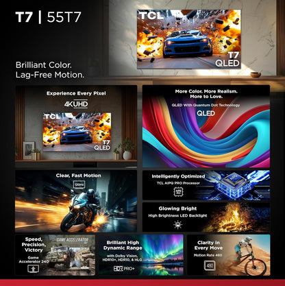 TCL T7 55" 4K QLED Google Smart TV 2025 — 144Hz, AIPQ Pro, Dolby Vision, Game Accelerator 240
