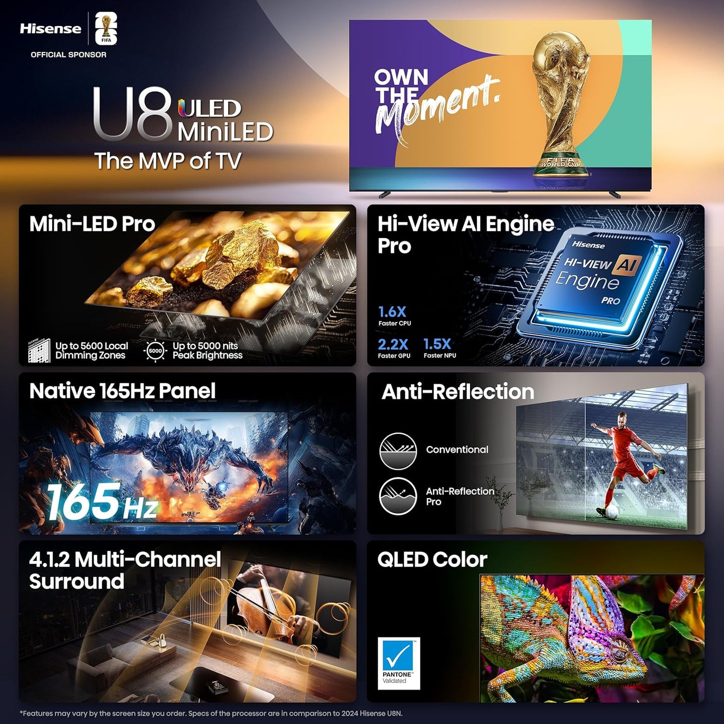Hisense U8 55" Mini-LED ULED 4K Google Smart TV 2025 — 5000 Nits, 165Hz, Dolby Atmos