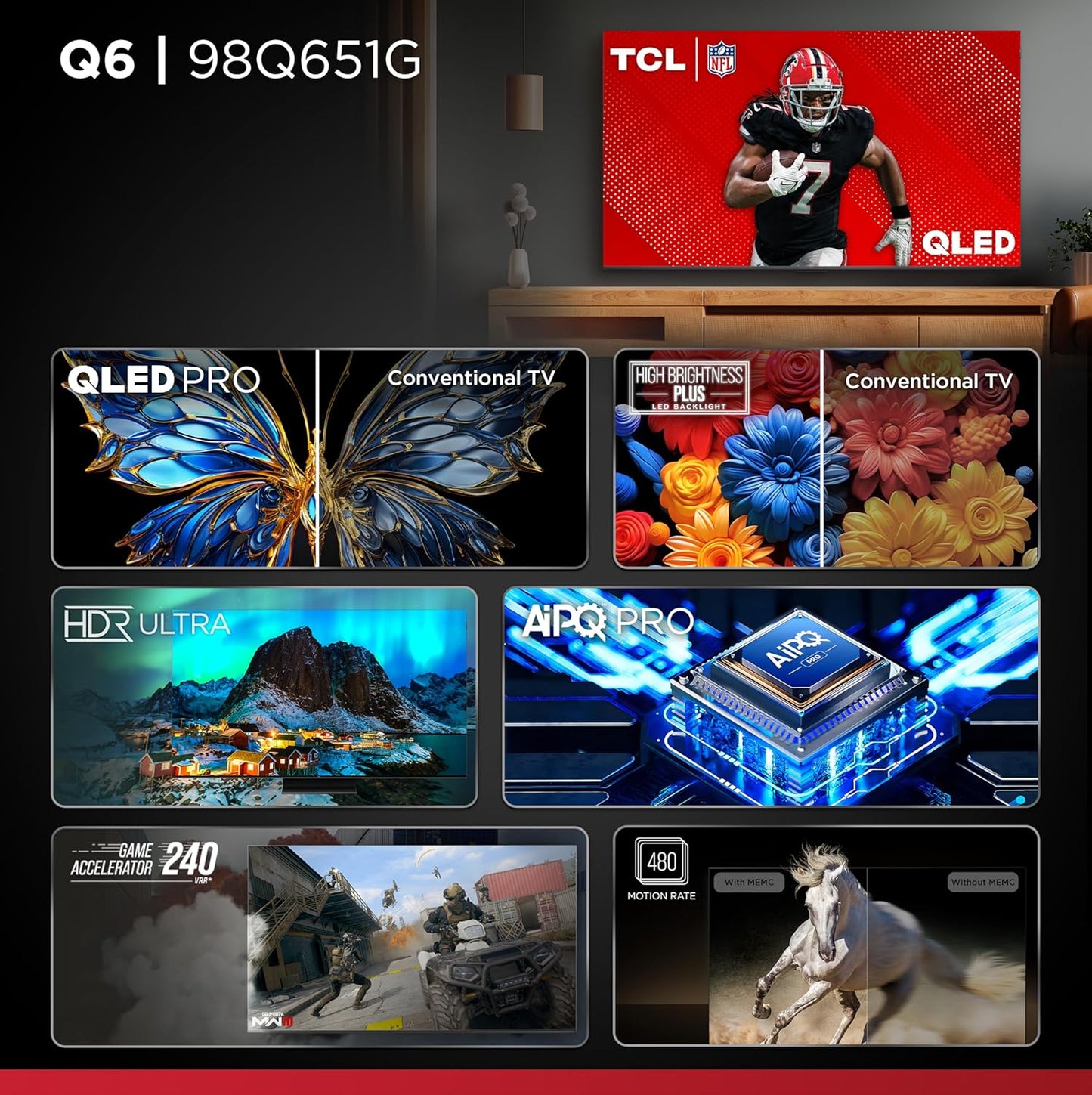 TCL Q65 98" QLED 4K Smart Google TV 2024 — Dolby Vision, 144Hz VRR, AIPQ PRO, Dolby Atmos