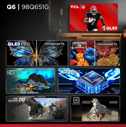 TCL Q65 98" QLED 4K Smart Google TV 2024 — Dolby Vision, 144Hz VRR, AIPQ PRO, Dolby Atmos