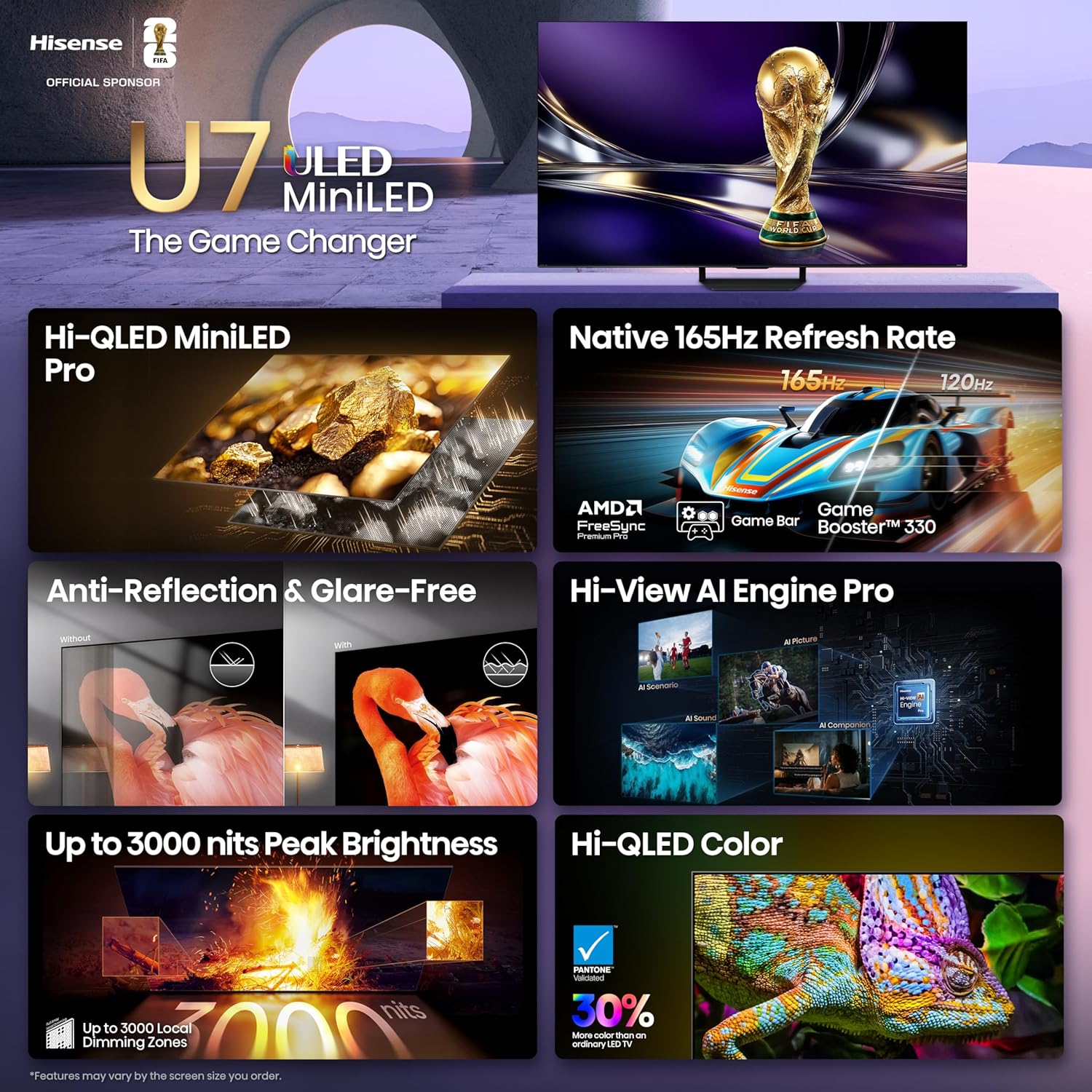 Hisense 55" U7 Mini-LED ULED 4K UHD Best Premium Gaming HDR Smart Fire TV (55U7SF, 2026 New) - Hi-QLED, Native 165Hz, VRR 330, Dolby Vision IQ · Atmos, IMAX Enhanced, Anti-Reflection, 2.1.2 Ch, Alexa+