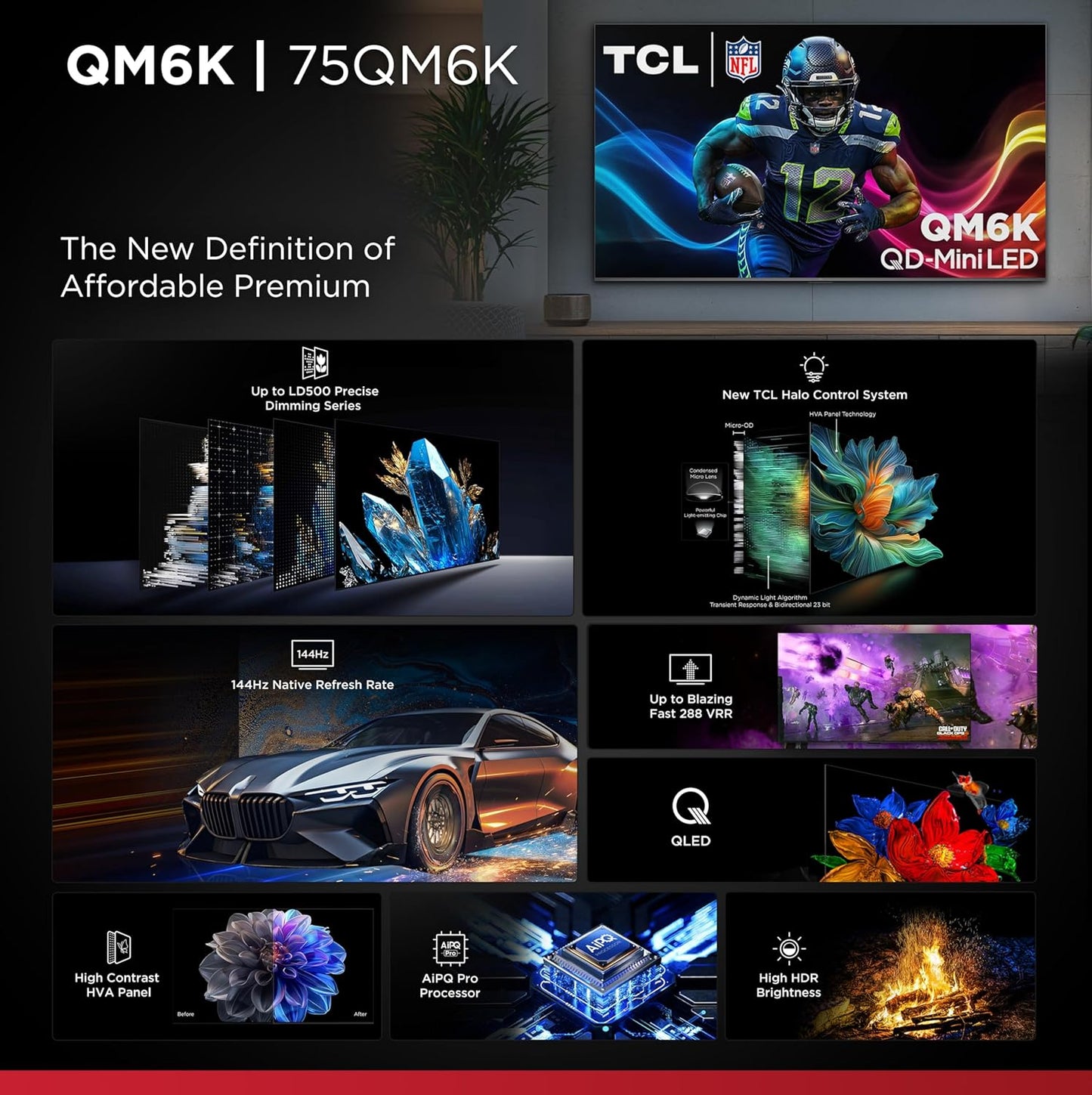 TCL QM6K 75" Mini LED QLED 4K Google TV 2025 — Halo Control, 144Hz, Dolby Atmos, Alexa