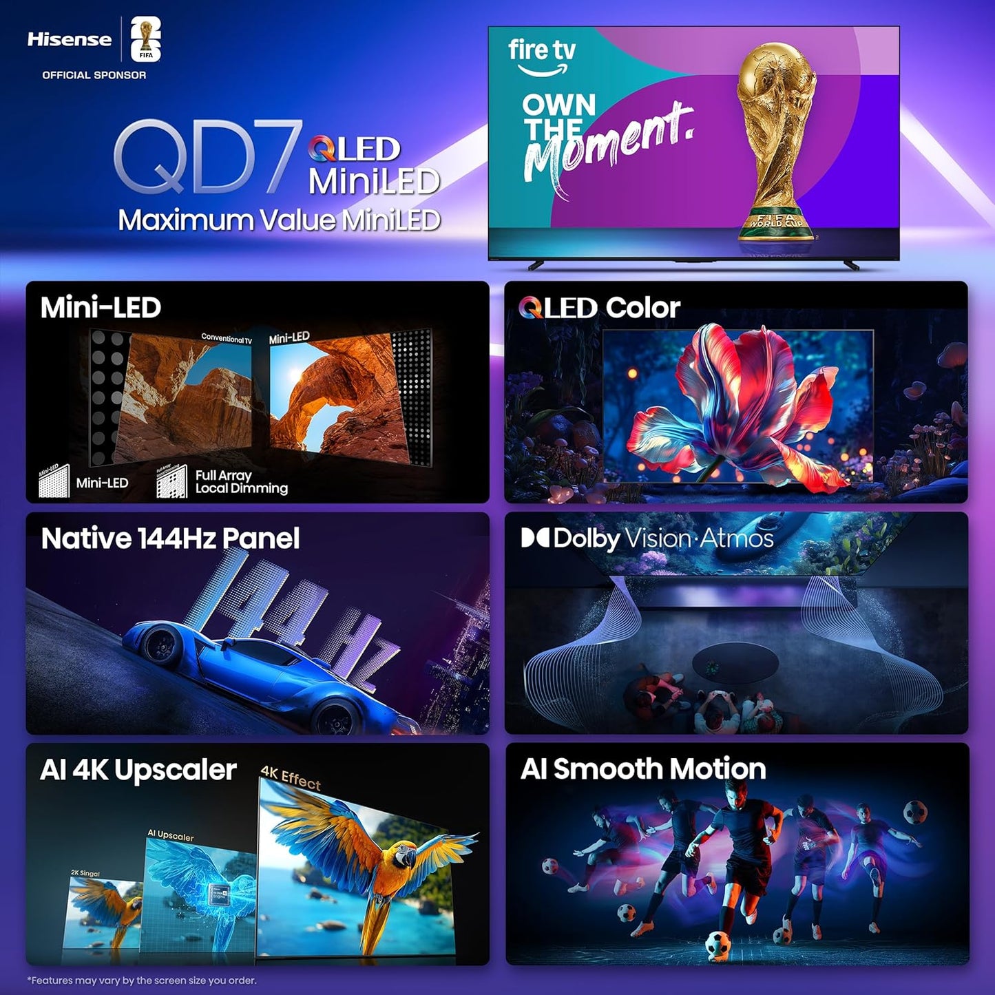 Hisense 75" QD7 Mini-LED QLED 4K Smart Fire TV — 144Hz, Dolby Vision, Game Mode Pro, Alexa