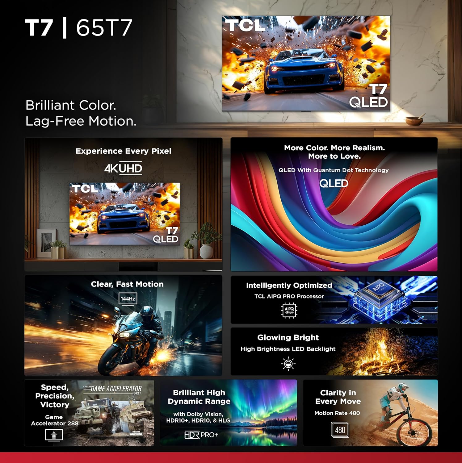 TCL Amazon Exclusive 65 Inch Class T7 Series | 4K QLED HDR Lag-Free Smart Google TV | 65T7, 2025 Model | 120Hz-144Hz High Brightness, Dolby Atmos, Alexa Voice Remote AI Streaming Gaming Television