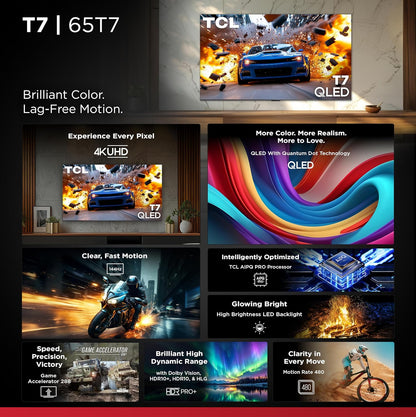 TCL Amazon Exclusive 65 Inch Class T7 Series | 4K QLED HDR Lag-Free Smart Google TV | 65T7, 2025 Model | 120Hz-144Hz High Brightness, Dolby Atmos, Alexa Voice Remote AI Streaming Gaming Television