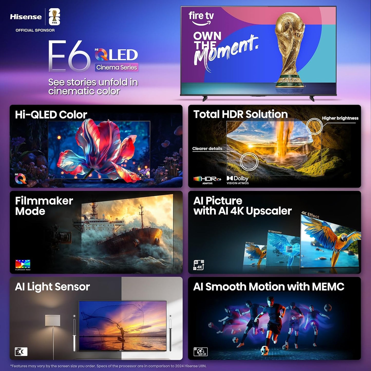 Hisense 50" E6 Cinema Series 4K Smart Fire TV 2025 — Hi-QLED, Dolby Vision, Dolby Atmos, Alexa