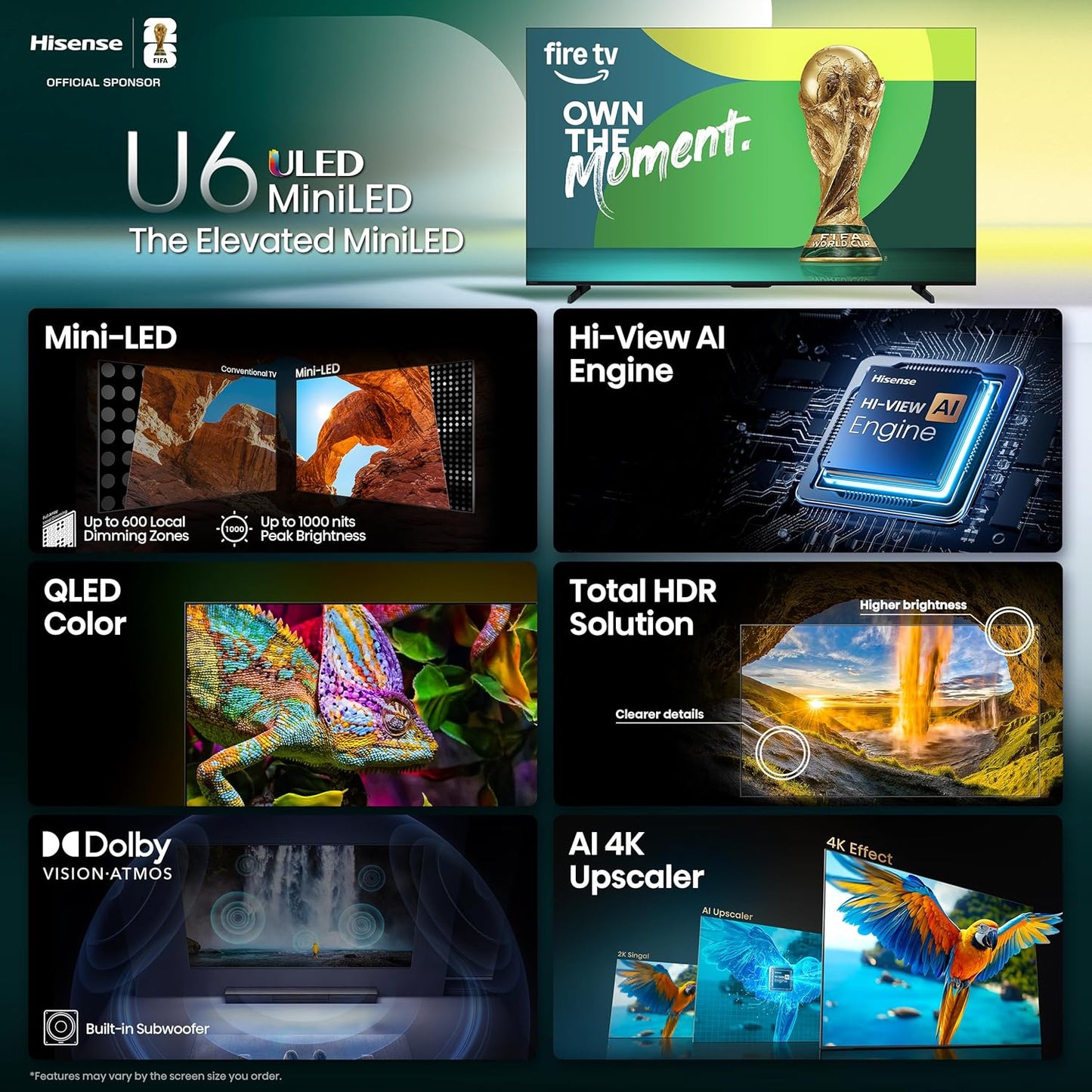 Hisense U6 55" Mini-LED 4K Smart Fire TV 2025 — QLED, 144Hz, Dolby Vision IQ, Alexa